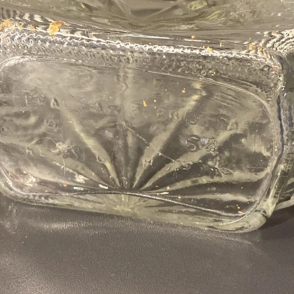 Pressed Cut Glass Liquor Whiskey Decanter Sun & Starburst Pattern 9.5” W/ Topper